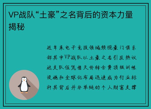 VP战队“土豪”之名背后的资本力量揭秘
