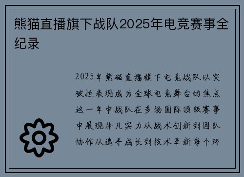 熊猫直播旗下战队2025年电竞赛事全纪录