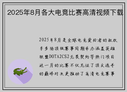 2025年8月各大电竞比赛高清视频下载