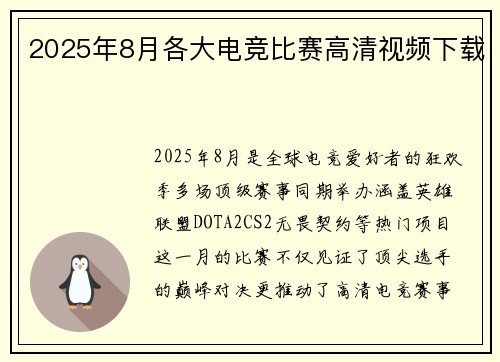 2025年8月各大电竞比赛高清视频下载